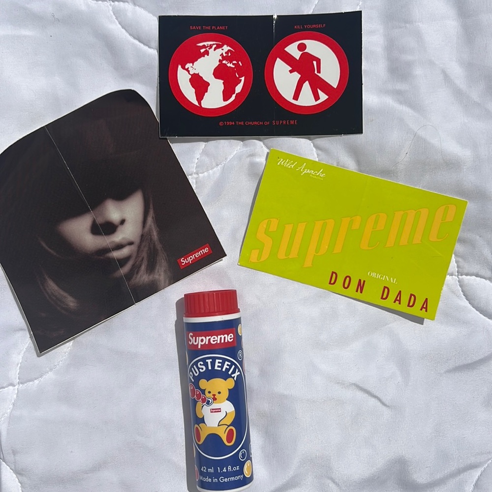 Supreme bubbles pustefix and Supreme stickers.